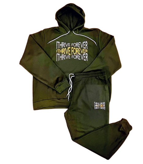 Green tracksuit with 'Thrive Forever' text on a white background